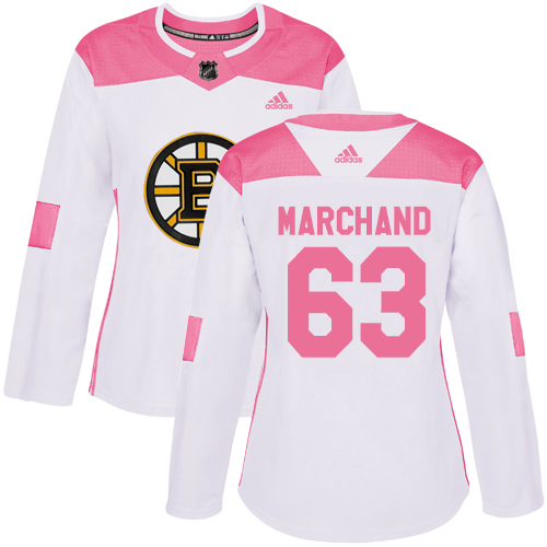 Adidas Bruins #63 Brad Marchand White/Pink Authentic Fashion Women's Stitched NHL Jersey